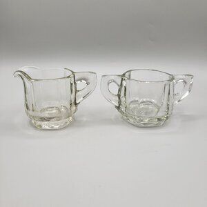 Pressed Glass Open Sugar and Creamer Set Vintage Wide Panels Heavy Thick Glass